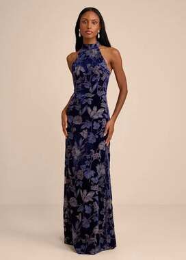 Dreamy Blossom Dark Blue Floral Burnout Velvet Halter Maxi Dress